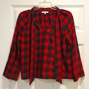 Madewell Cropped Flannel Popover Top Buffalo Plaid Holiday Red Black Tie Neck XS